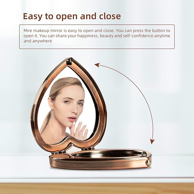 Mini Vintage Heart Elegant Makeup Mirror, Portable 1X/2X Magnifier (Retro Red)