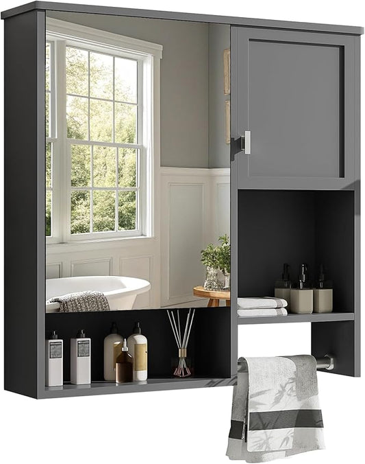 Merax Medicine Cabinet for Bathroom, Wall Mount Bathroom Cabinet with Mirror, Open Shelf, and Towel Bar, 29.5" W x 28.7" H Over The Toilet Mirrored Bath Wall Cabinet