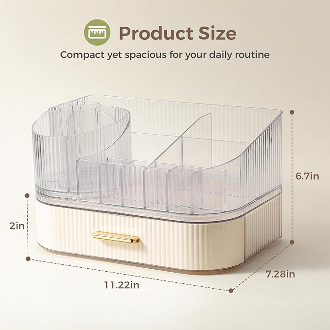 Delamu Makeup Organizer for Vanity with Stackable Drawers, 360 Rotating Makeup Brush Holder Large Cosmetic Display Case, Bathroom Skincare Storage, Elegant White, Ideal Gifts for Girls