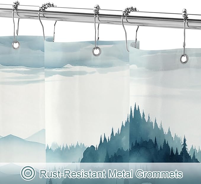 Peacock Blue Extra Long Misty Pine Forest Shower Curtain 72 x 84, XL Mountain Foggy Woodland Scenery Tree Shower Curtains for Bathroom, Abstract Waterproof Nature-Themed Decor