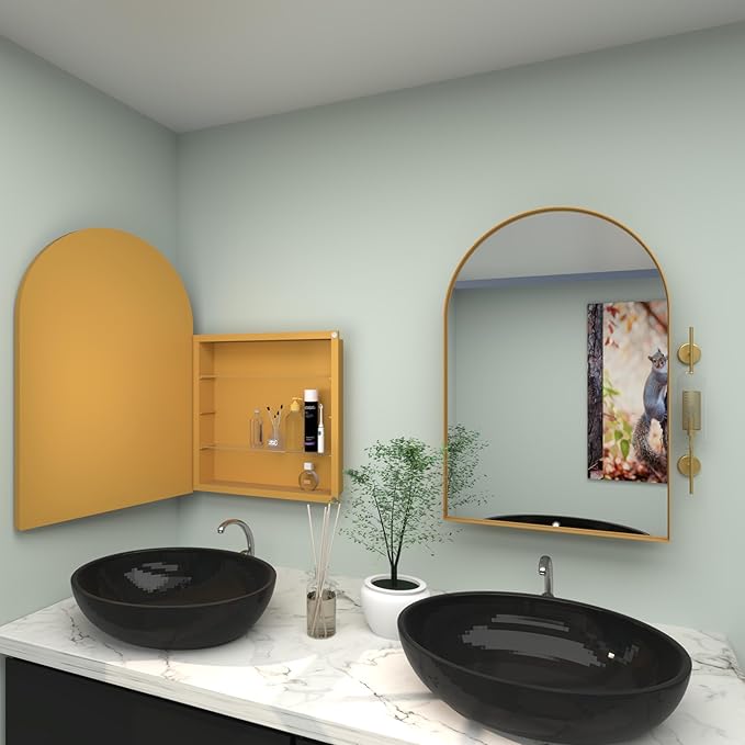 24" WX36 H Farmhouse Framed Medicine Cabinet with Mirror, Matte Gold Finish, Recessed or Surface Mount, Adjustable Shelves, Arched Cabinet Door, Arched Shape, Easy to Install, 24x36 Cabinet