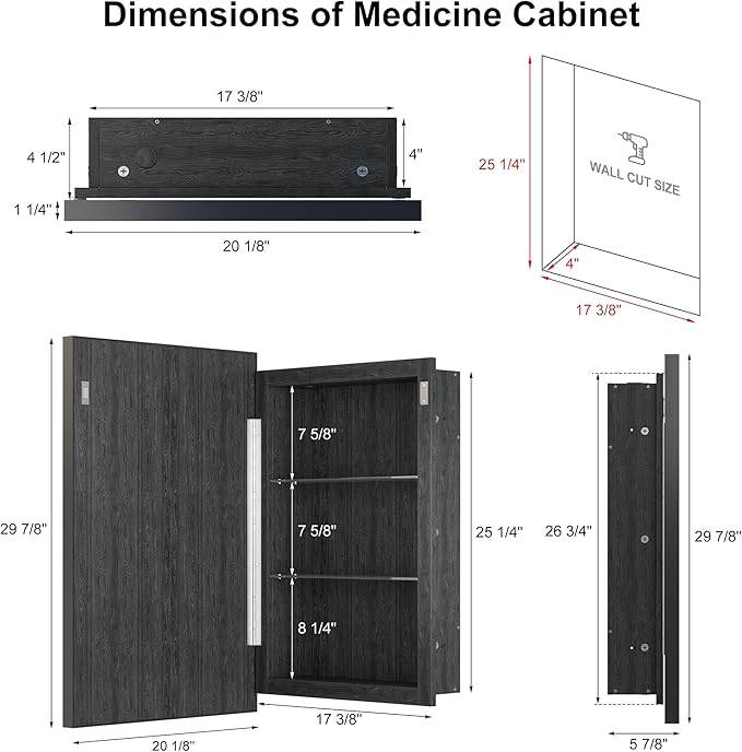 Recessed LED Medicine Cabinet with Lights,Beveled Aluminum Frame, 20x30 Black Bathroom Lighted Medicine Cabinet with Mirror, 3-Light Color Dimmable, with Adjustable Glass,Assembly Required
