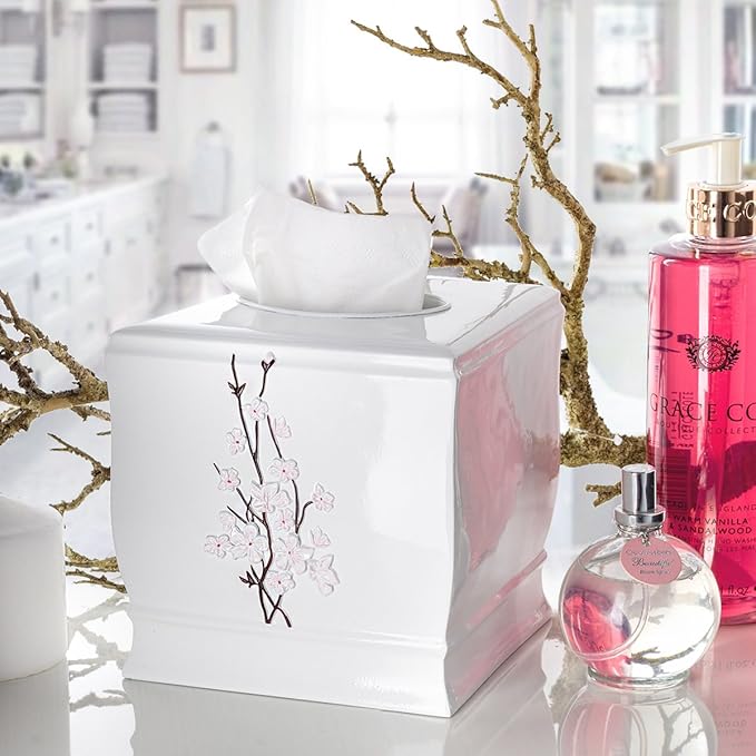 Creative Scents Vanda Square Tissue Box Cover – White & Pink Cherry Blossom Floral Decor – Decorative Resin Tissue Holder for Bathroom Vanities & Nightstands – Durable Bottom Slider
