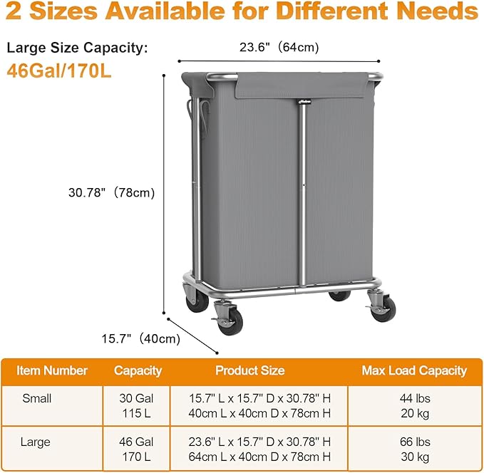 Hodonas Laundry Basket with Wheels, Rolling Laundry Hamper, 46 Gallons (170L), Removable and Machine Washable Liner, Steel Frame, Large Laundry Cart for Laundry Room, Bedroom, Bathroom, Dorm - Grey