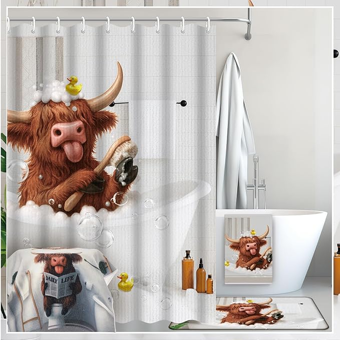 Nuanchu 6 Pcs Highland Cow Shower Curtain Set with Rug Bathroom Sets with Shower Curtain Bath Mat U Shaped Mat Toilet Lid Cover 2 Bath Towels and 12 Hooks Highland Cow Bathroom Decor