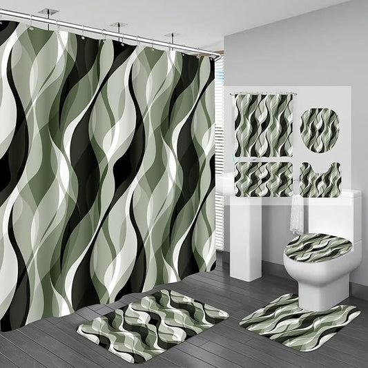 4PCS Sage Green Abstract Shower Curtain Sets with Rugs, Modern Striped Bathroom Sets with Shower Curtain and Rugs, Luxury Bathroom Curtains Shower Set with Toilet Lid Cover