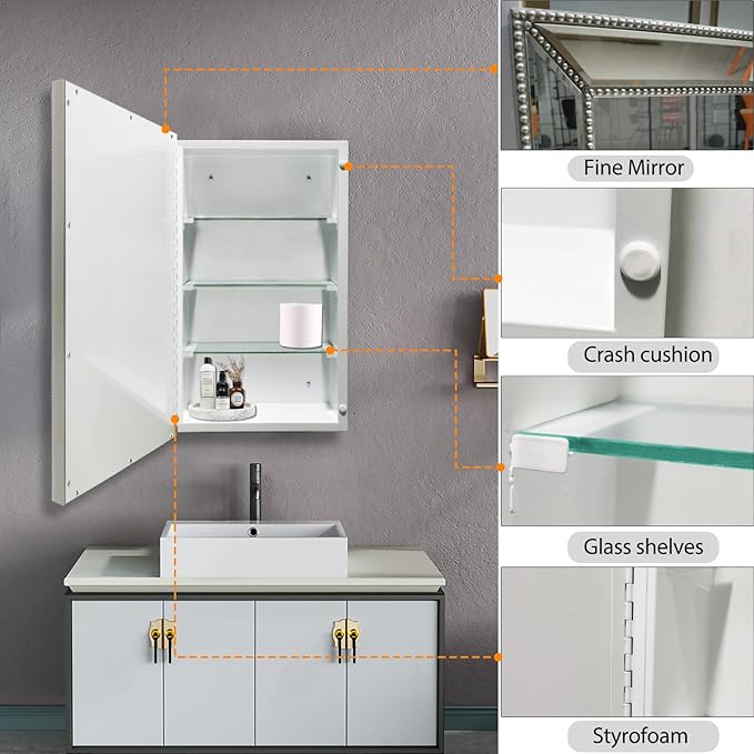 20x32 Inch Bathroom Medicine Cabinet, Silver Metro Beaded Wooden Frame, Retro Bevel Mirror, Recessed & Surface Mount, Space-Saving Storage Cabinet for Bathroom Organization