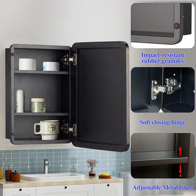 Bathroom Medicine Cabinet with 16"x26" Stainless Steel Framed Mirror,Recessed or Surface Mounted Bathroom Mirror Cabinet,Storage Cabinet for Bathrooms, Guest Rooms, Apartments, Farmhouse Decor