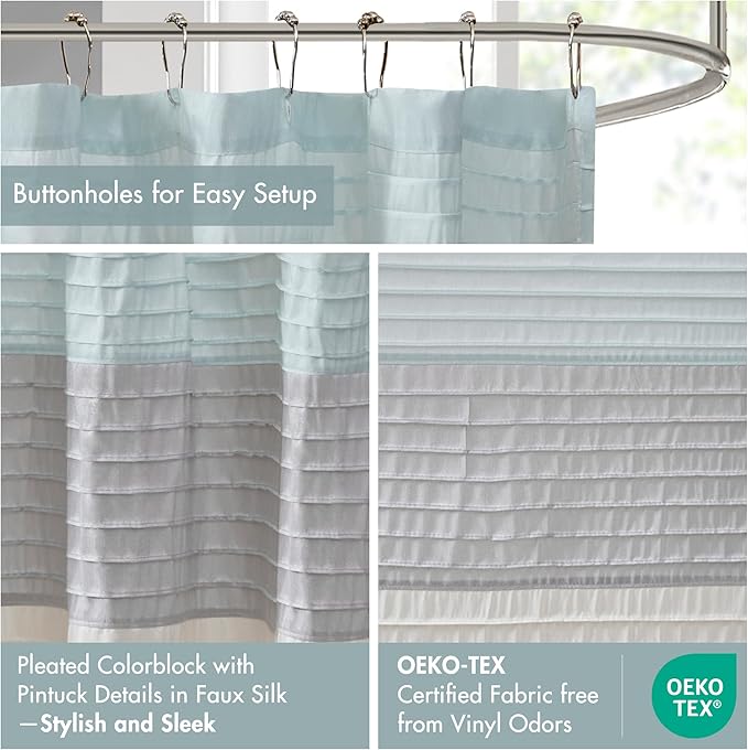 Madison Park Amherst Bathroom Shower Curtain Faux Silk Pieced Striped Modern Microfiber Bath Curtains, 72x84 Inches, Aqua