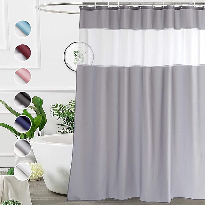 UFRIDAY 72 x 78 inches Shower Curtain Long,White and Gray Fabric Shower Curtains for Bathroom Water-Repellent with 12 Hooks,Washable Polyester Long Bathroom Shower Curtain Liner Soft, Grey