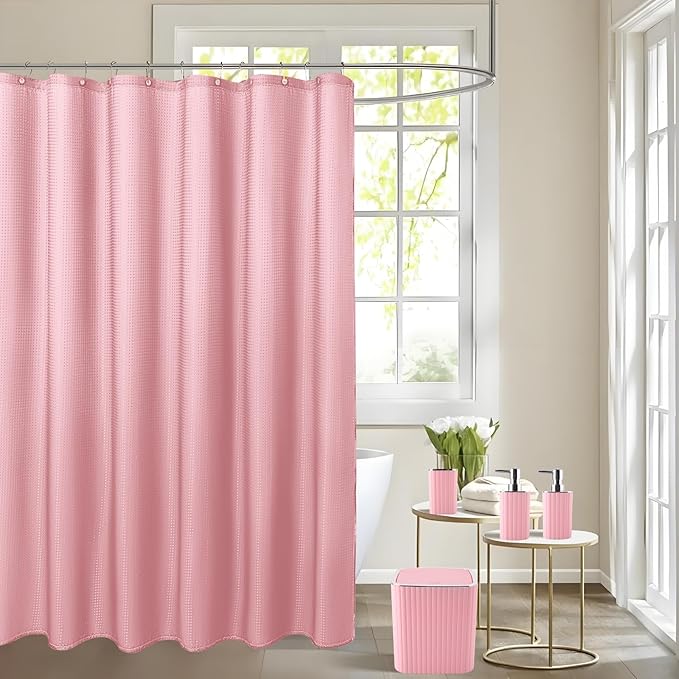 XLHOMO Bathroom Set with Shower Curtain and Rugs- 25PC Pink Bathroom Accessories, Shower Curtain Set, Toilet Brush, Trash Can, Qtip Holder & Soap Dispenser