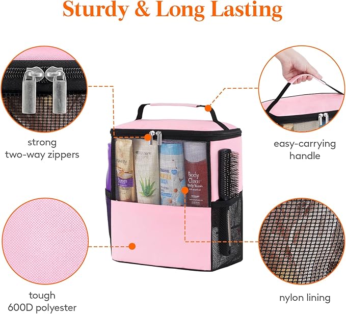 Lifewit Mesh Shower Caddy Bag Portable for College Dorm Room Essentials, Hanging Organizer Basket, Quick Dry Tote Bag for Camping, Bathroom, Beach, Travel, Large, Pink