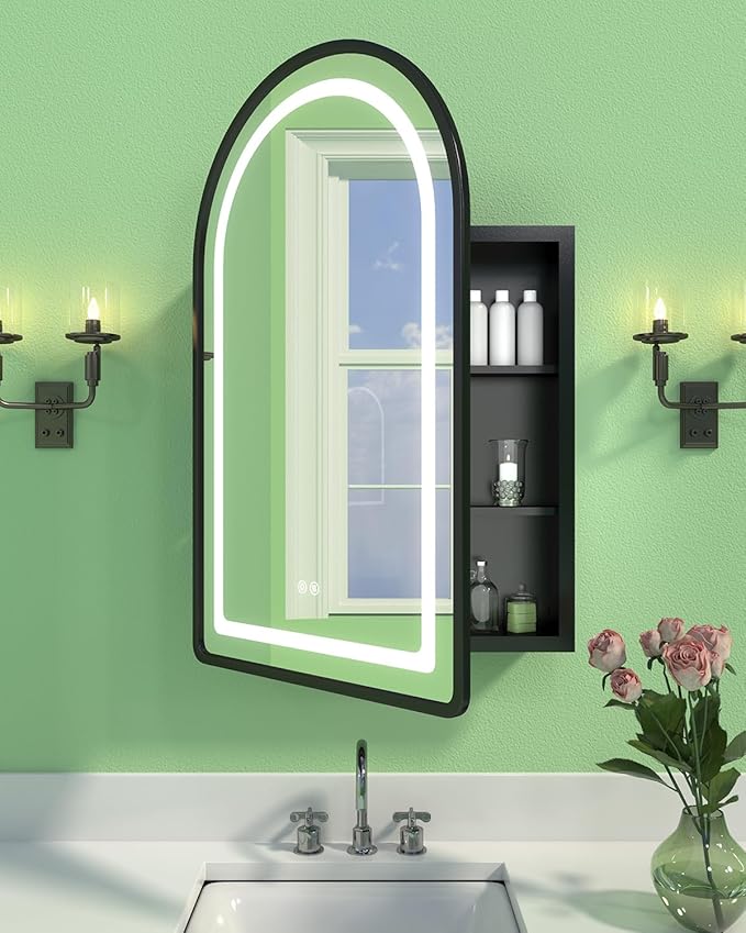 19.7"x31.5" Lighted Medicine Cabinet with Mirror, Arched Bathroom Mirror with Lights and Storage, Dimmable 3 Color with Anti-Fog, Full Metal Recessed & Surface Mount LED Medicine Cabinets Black