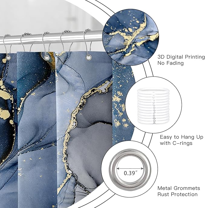 4PCS Navy Blue Marble Shower Curtain Sets with Rugs, Abstract Dark Blue Bathroom Sets with Shower Curtain and Rugs, Modern Bathroom Curtains Shower Set with Toilet Lid Cover