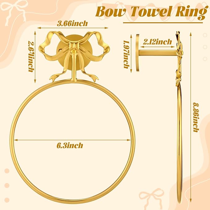 MorningRo Coquette Gold Bow Towel Holder Brass Gold Bow Hand Towel Ring Retro Bathroom Hardware Accessories Vintage Girly Wall Mount Hanger Ring for Room Bathroom Kitchen Decor