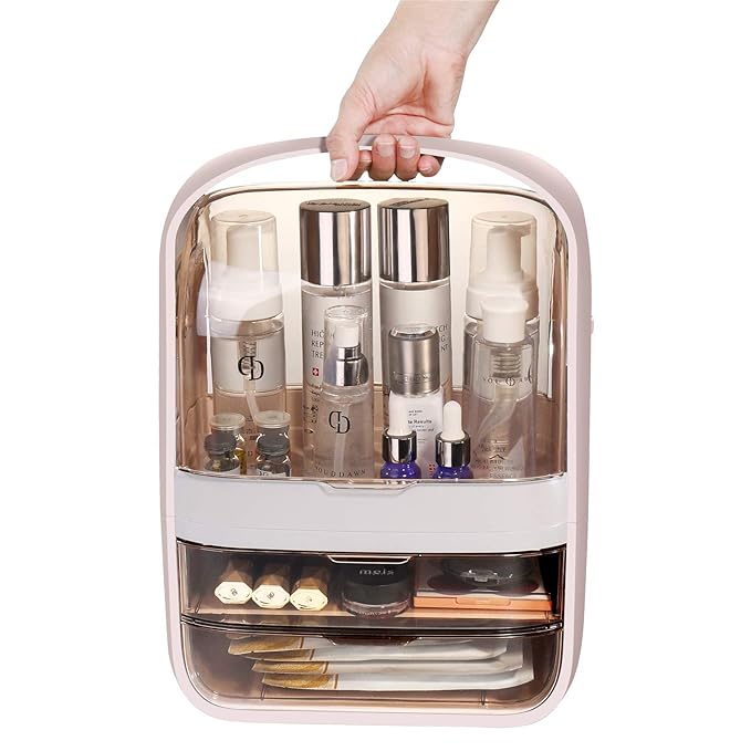 Makeup Organizer Cosmetic Organizer Dustproof and Waterproof Makeup Storage Box 2 Drawers for Cosmetic Accessory and Jewellery Large Capacity Cosmetic Display Case with Handle(Pink)