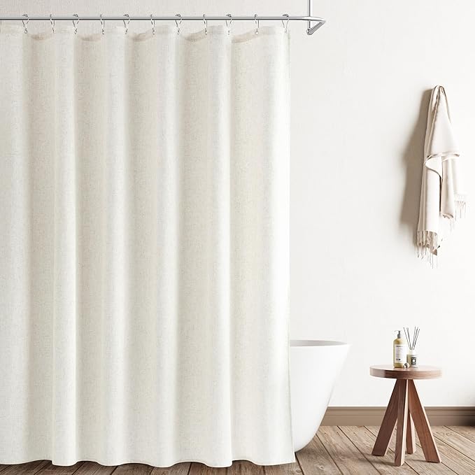 Naturoom Extra Long Cream Shower Curtains 90 Inch Length Natural Linen Fabric Shower Curtain Set with Hooks Tall Bath Curtain with See Through Top Window Country Farmhouse Style,Cream,72x90