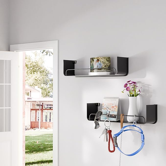 Black Metal Shelf, Modern Floating Bathroom Shelf With Guardrail, Upgrade U-Shaped Wall Mounted Metal Shelves for Kitchen, Living Room, Bedroom, Set 0f 2 Shelves for Home Storage and Organizer