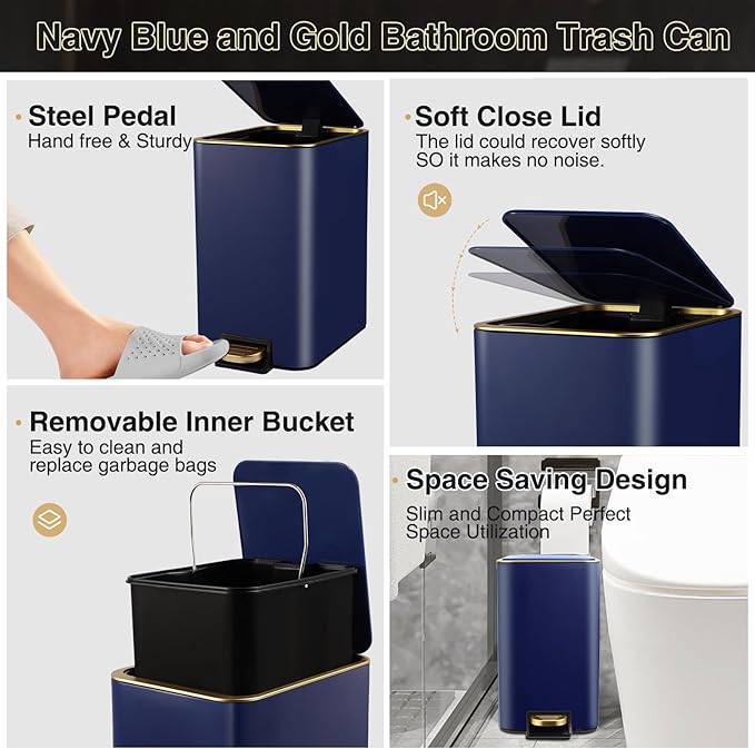 XLHOMO Navy Blue Bathroom Accessories Set 8 Piece Navy Blue and Gold Bathroom Set, Bathroom Sets with Stainless Steel Trash Can,Toilet Brush,Toothbrush Set,Soap Dispenser
