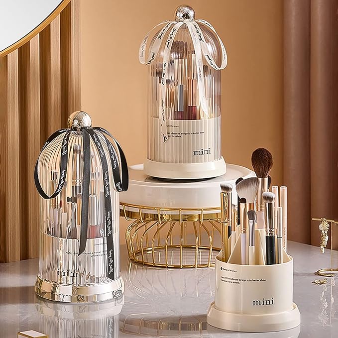 DASITON 360° Rotating Makeup Brush Holder,Covered Dustproof Makeup Brushes Organizer,7 Slot Makeup Brushes Cup,for Vanity Decor,Bathroom Countertops,Cosmetic Display cases（Cream）