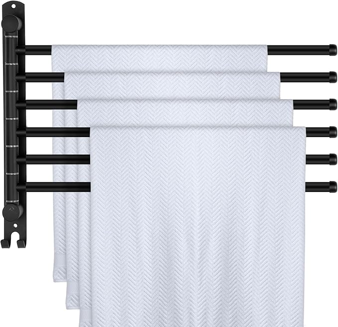 Teenyyou Swivel Towel Rack 16.5 Inches 304 Stainless Steel 6 Arms Bathroom Towel Rack Hanger Space Saving Pool Holder Wall Mounted Swivel Bar with Hook, Matte Black
