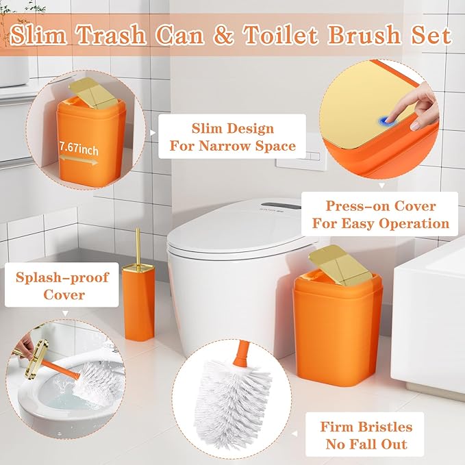 Bathroom Set — Orange Bathroom Accessories Set, 11PC Bathroom Accessory Set, Orange Bathroom Set with Push-lid Trash Can, 3PC Soap Dispensers, Toilet Brush & Qtip Holders