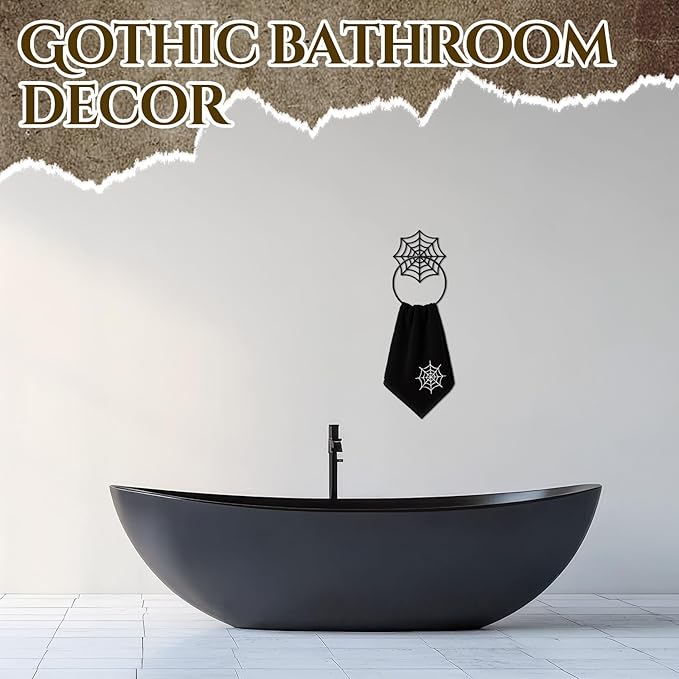 2Pcs Gothic Cobweb Metal Towel Rings Halloween Cobweb Towel Holder Oil Rubbed Bath Towels Ring Black Art Hand Towels Rack for Bathroom Kitchen Hanger Home Decors Gifts