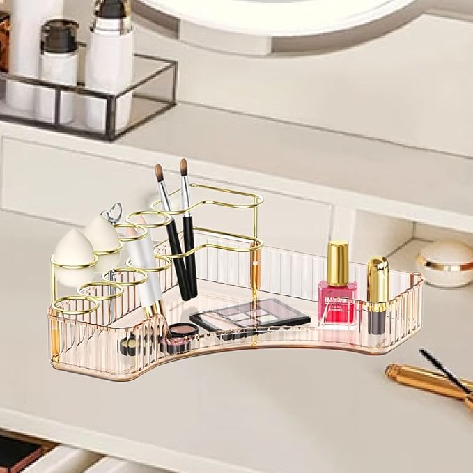 Makeup Organizer for Vanity Corner Storage Shelf for Bathroom Countertop Skincare Organizer with Makeup Brush Holder (Amber)