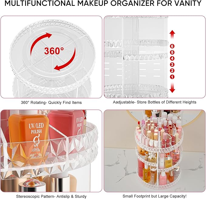 360 Rotating Makeup Organizer, DIY Adjustable Cosmetics Organizer[Patented Product], Professional Acrylic Make Up Caddy Shelf Storage Perfume, Lipsticks, Makeup Brushes or Accessories (Transparent)
