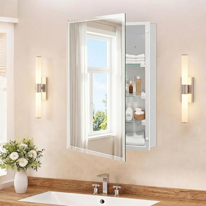 Bathroom Medicine Cabinet with Frameless Mirror, 16x26 inch Medicine Cabinet with Storage, Rectangular Beveled Frameless Mirror, Recess or Surface Mount Installation