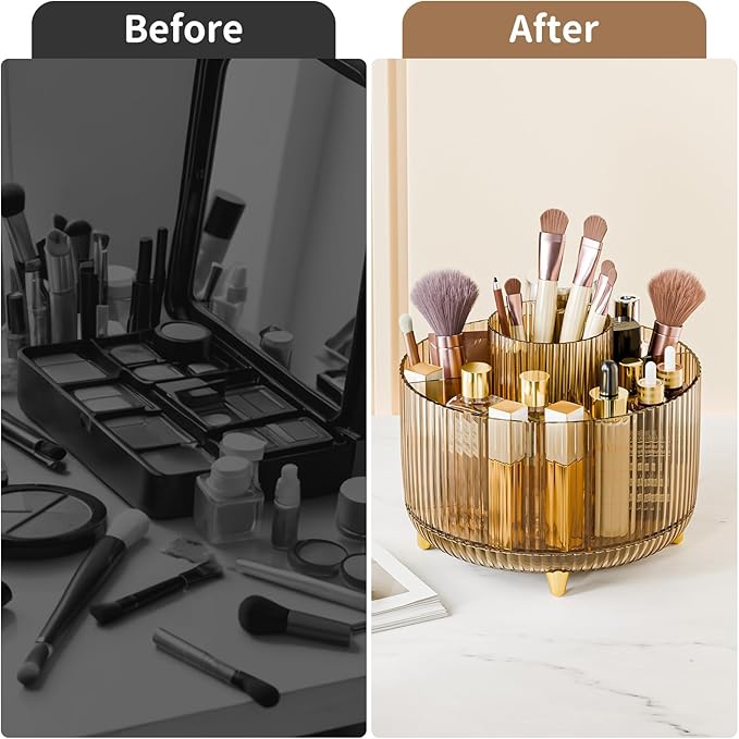 Clear Rotating Makeup Organizer Countertop for Vanity, 360?? Makeup Brush Holder Organizer with 5 Compartments, Transparent Cosmetic Storage for Lipstick, Skincare, Bathroom Counter (Transparent Amber)