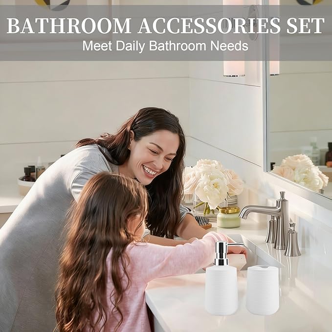 Bathroom Accessories Set 2 Piece, Matte White Bathroom Accessories with Soap Dispenser and Toothbrush Holder, Striped Pattern Bathroom Set for Modern Bathroom Decor