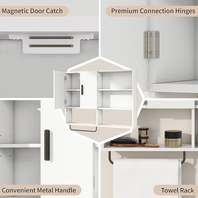 Medicine Cabinet, Wooden Bathroom Wall Cabinet with 2 Doors, Adjustable Shelves & Towel Bar, Over Toilet Storage Cabinet Wall Mounted for Kitchen & Laundry, White