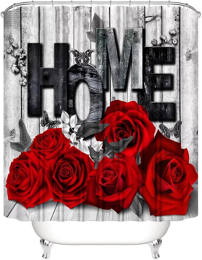 Yddsky Red Rose Valentines 4 Pcs Shower Curtain Sets Non-Slip Rugs Bath Mat Toilet Cover U Shaped Mat Romantic Red Bathroom Decor with 12 Hooks Valentines Day Bathroom Set
