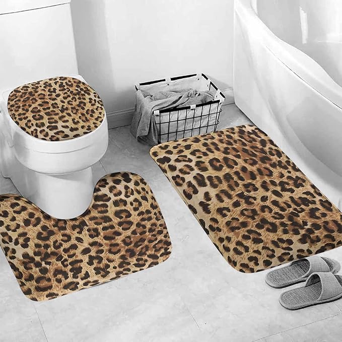 TOMWISH 4 Pcs Leopard Shower Curtain,Brown Cheetah Print Bathroom Sets Complete,Shower Curtain Toilet Lid Cover and Bath Mat Bathroom Decor Sets,juego de baños de Set Bath Accessories with Hooks