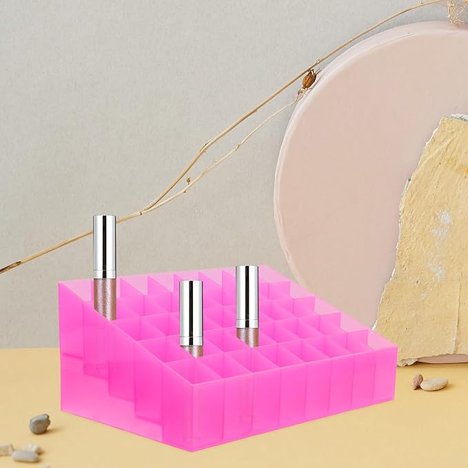 Ipetboom 40 Slots Makeup Holder Plastic Lipstick Holder 40 Slots Lipstick Box Lip Gloss Storage Organizer Tubes Display Case Makeup Desk Organizer for Home Shop Use Pink