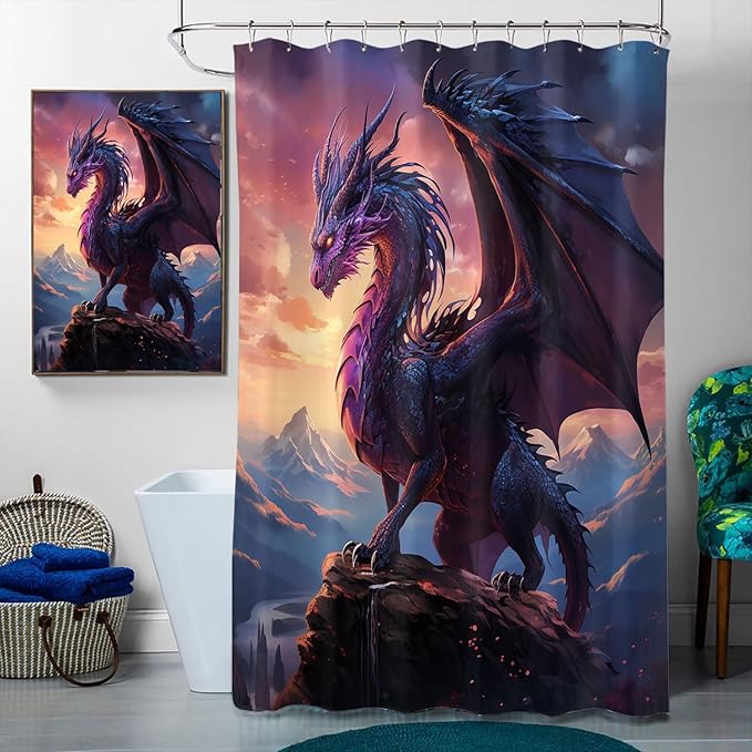 4 Pcs Dragon Bathroom Shower Curtain Set with Rug, Toilet Lid Cover and Bath Mat, Abstract Magic Medieval Blue Animal Bathroom Shower Curtain with 12 Hooks Accessories Decorative