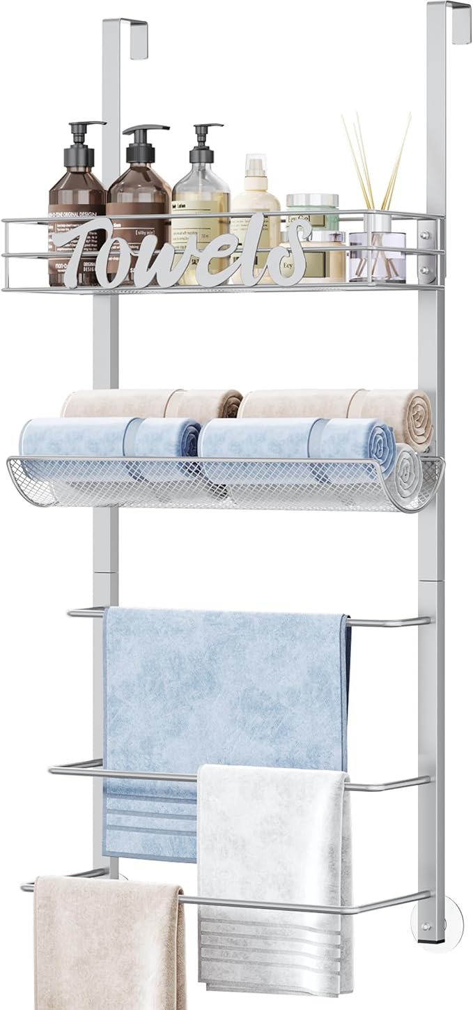 SWTYMIKI Over The Door Towel Racks for Bathroom - 5-Tier Wall Mounted Bathroom Towel Storage Organizer Holder with Metal Shelf, Sliver