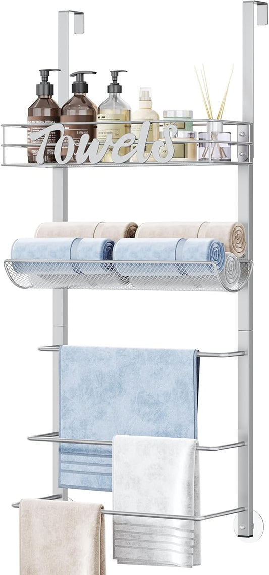 SWTYMIKI Over The Door Towel Racks for Bathroom - 5-Tier Wall Mounted Bathroom Towel Storage Organizer Holder with Metal Shelf, Sliver