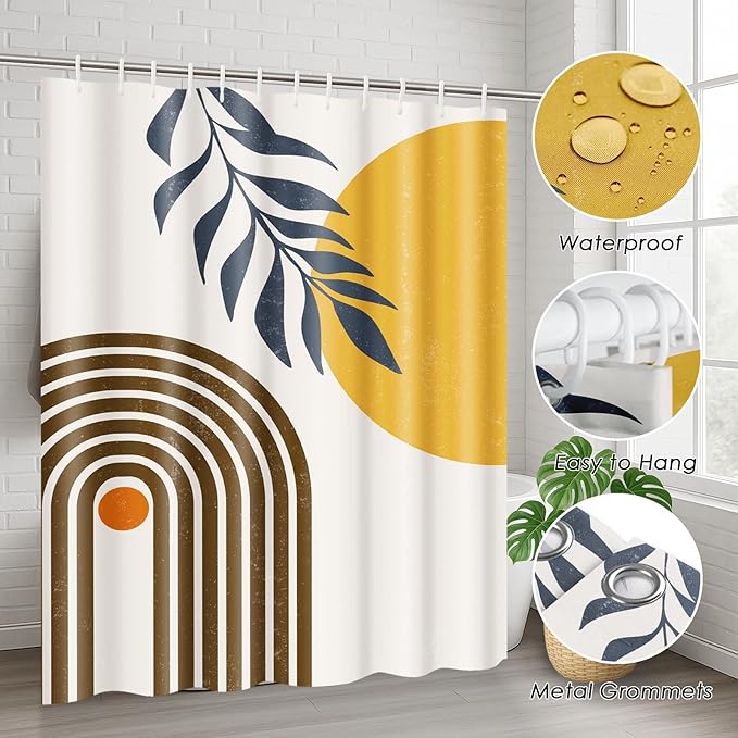 Boho Mid Century Shower Curtain Set with Toilet Lid Cover and Non-Slip Rugs, Modern Abstract 4 Pcs Yellow Sun Minimalist Shower Curtain for Bathroom Set with 12 Hooks