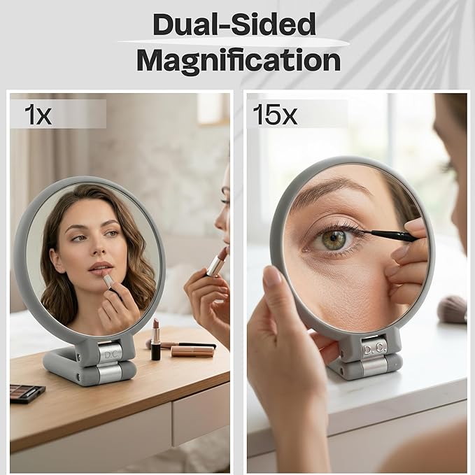 Danielle Magnification Folding Makeup Mirror, Grey, 15X