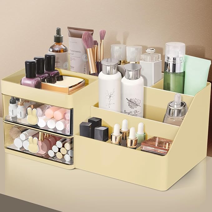 Makeup Organizer, Cosmetic Desk Storage Box with Drawers Skincare Organizers for Dressing Table, Countertop, Bathroom Counter, Vanity Holder for Brushes, Lotions, Lipstick, Perfume (Yellow-Clear)