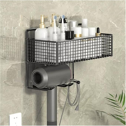 Bathroom Shelf Toilet Storage Rack Single Layer Metal toiletries Storage Rack with hairdryer Rack Wall Mounted Metal Seasoning Storage Rack No Punching Bathroom Organizer(Black)