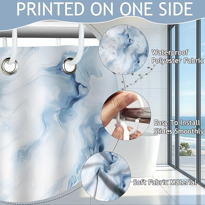 Mocsicka Blue Marble Shower Curtain for Bathroom, Abstract Blue and White Shower Curtain with 12 Hooks Modern Art Decor Waterproof Fabric Bath Curtain for Modern Bath Decor, 72 X 72 Inch