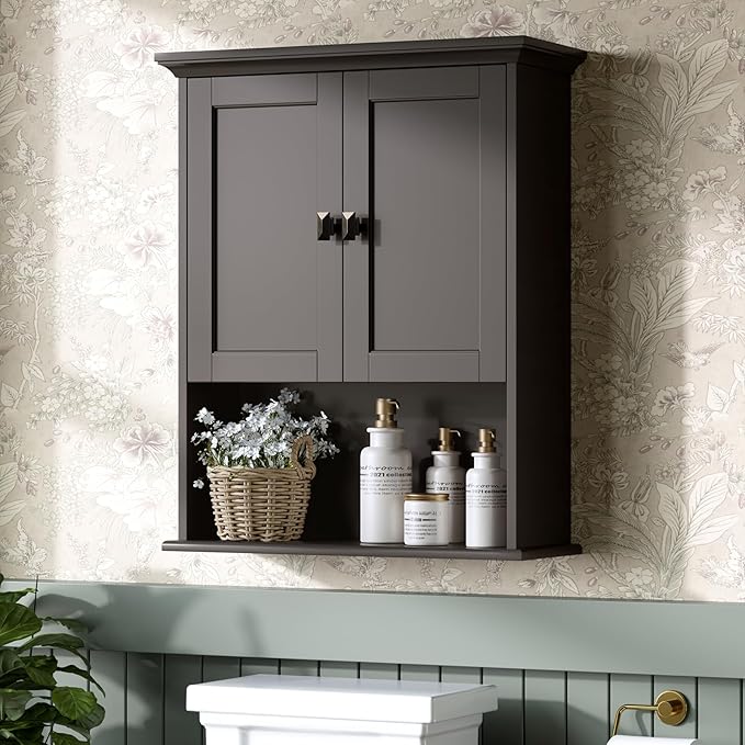 Bathroom Wall Cabinet, Wooden Medicine Cabinet Over Toilet Storage Cabinet with Doors and Adjustable Shelf Wall Mounted Storage Organizer Cabinet Above Toilet (Espresso)