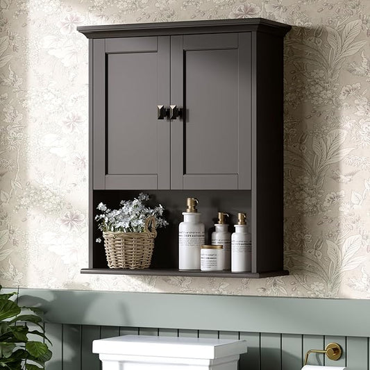Bathroom Wall Cabinet, Wooden Medicine Cabinet Over Toilet Storage Cabinet with Doors and Adjustable Shelf Wall Mounted Storage Organizer Cabinet Above Toilet (Espresso)