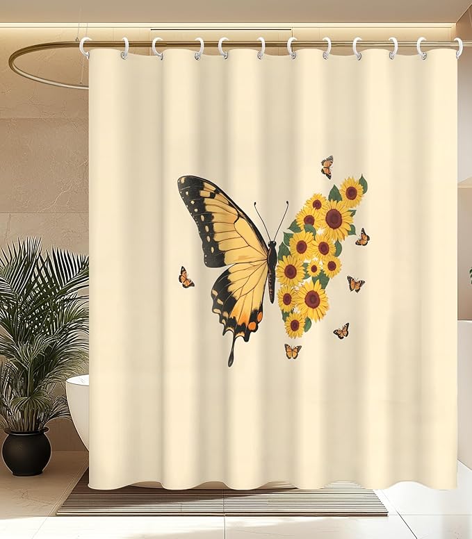 MAMUSE Shower Curtain for Bathroom - Cute Aesthetic Decorative Modern Girly Unique Girls Design Pretty Women Waterproof Fabric Cloth Cortinas de Baño Bathtub 72 x 72 Inch, Sunflower Butterfly