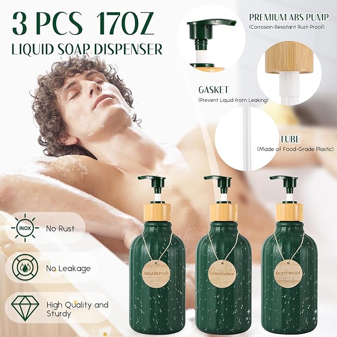 XLHOMO Bathroom Set 17PCS Bathroom Accessories with Trash Can 3PCS Lotion Soap Dispenser,Bathroom Accessories Set Green Bathroom Sets for Bathroom Decor