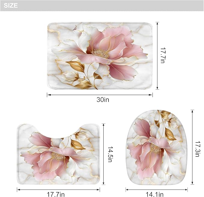 Riyidecor Marble Floral Pink Gold 4Pcs Bathroom Shower Curtain Sets Modern Flower Abstract Bathroom Decor Set with Rugs and Accessories Minimalist Toilet Lid Rug, Contour and Bath Mat with 12 Hooks
