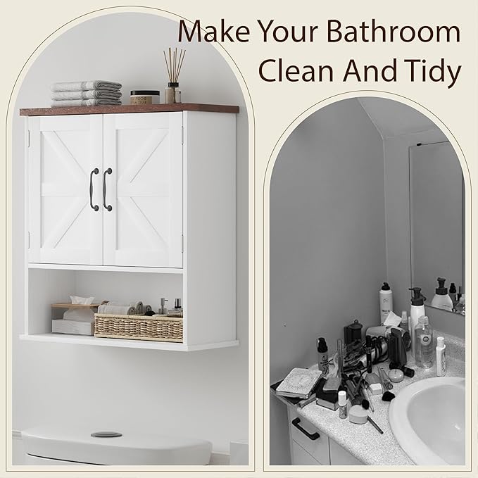 Smuxee Farmhouse Bathroom Cabinet Wall Mounted, White Small Medicine Cabinet with Adjustable Shelf, Bathroom Cabinet for Living Room, Laundry Room